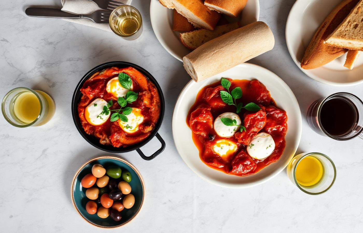 Breakfast spread with shakshuka, fresh bread, olives and tea on a marble table