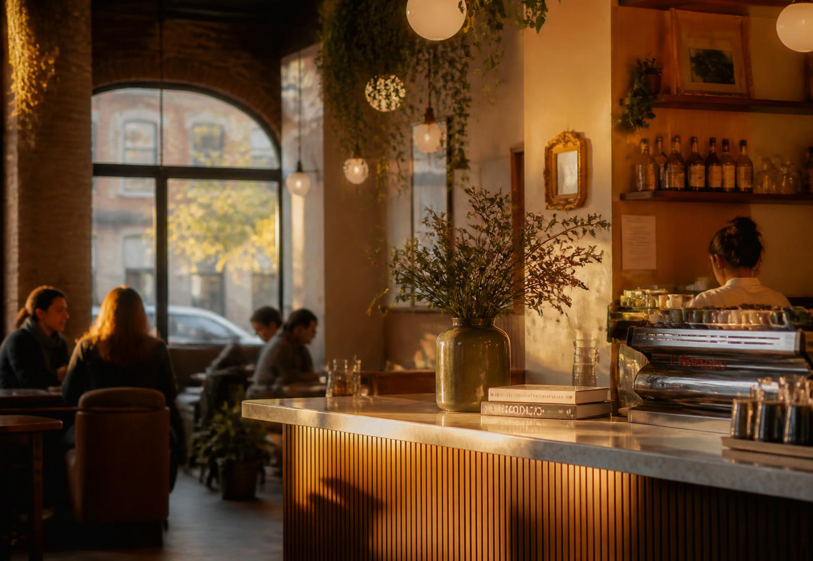 Sunlit interior of Lusso Le Caffe with a marble espresso bar and guests at tables